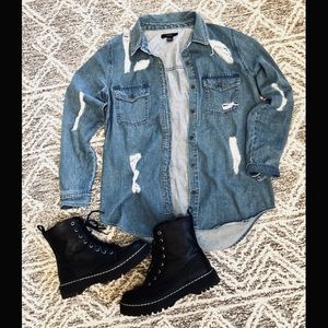 FOREVER 21 “Distressed” Long Sleeve Denim Shirt